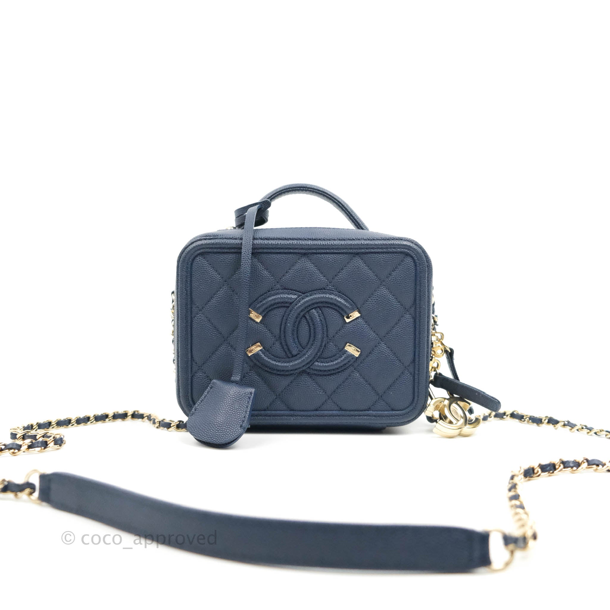 Chanel Quilted Small CC Filigree Vanity Case Navy Caviar Gold Hardware