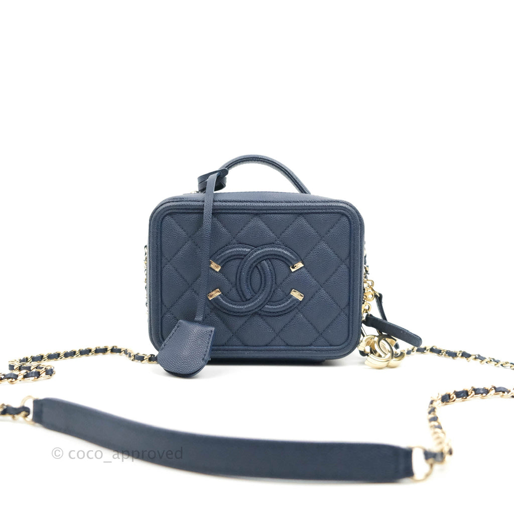 Chanel Quilted Small CC Filigree Vanity Case Navy Caviar Gold Hardware Rich text editor