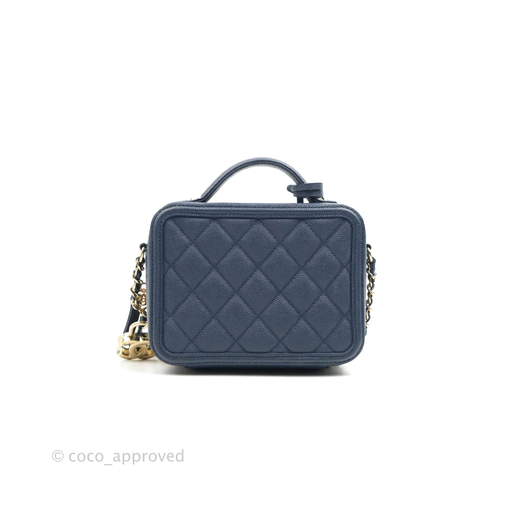 Chanel Quilted Small CC Filigree Vanity Case Navy Caviar Gold