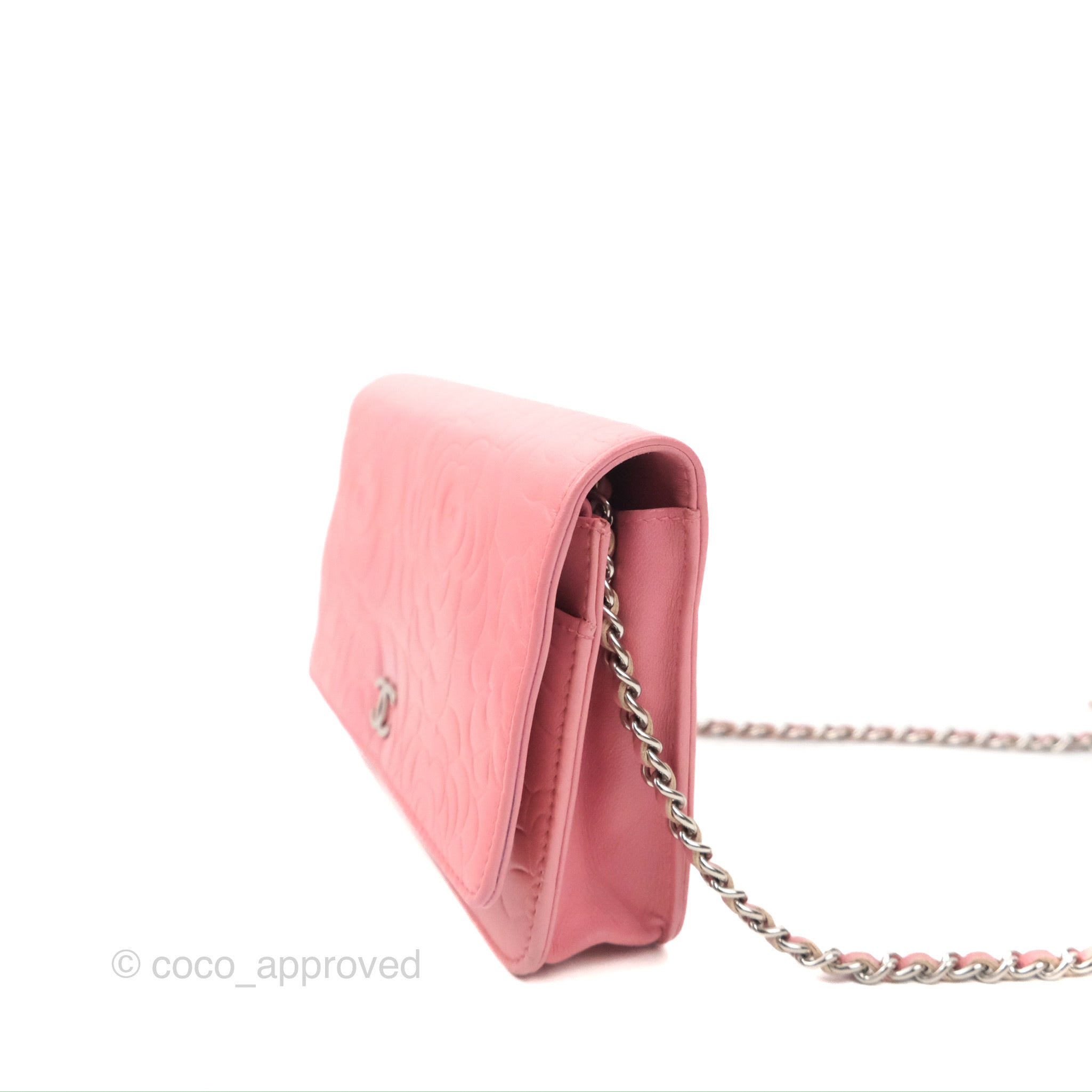 Chanel Camellia Embossed Wallet On Chain WOC Pink Lambskin Silver