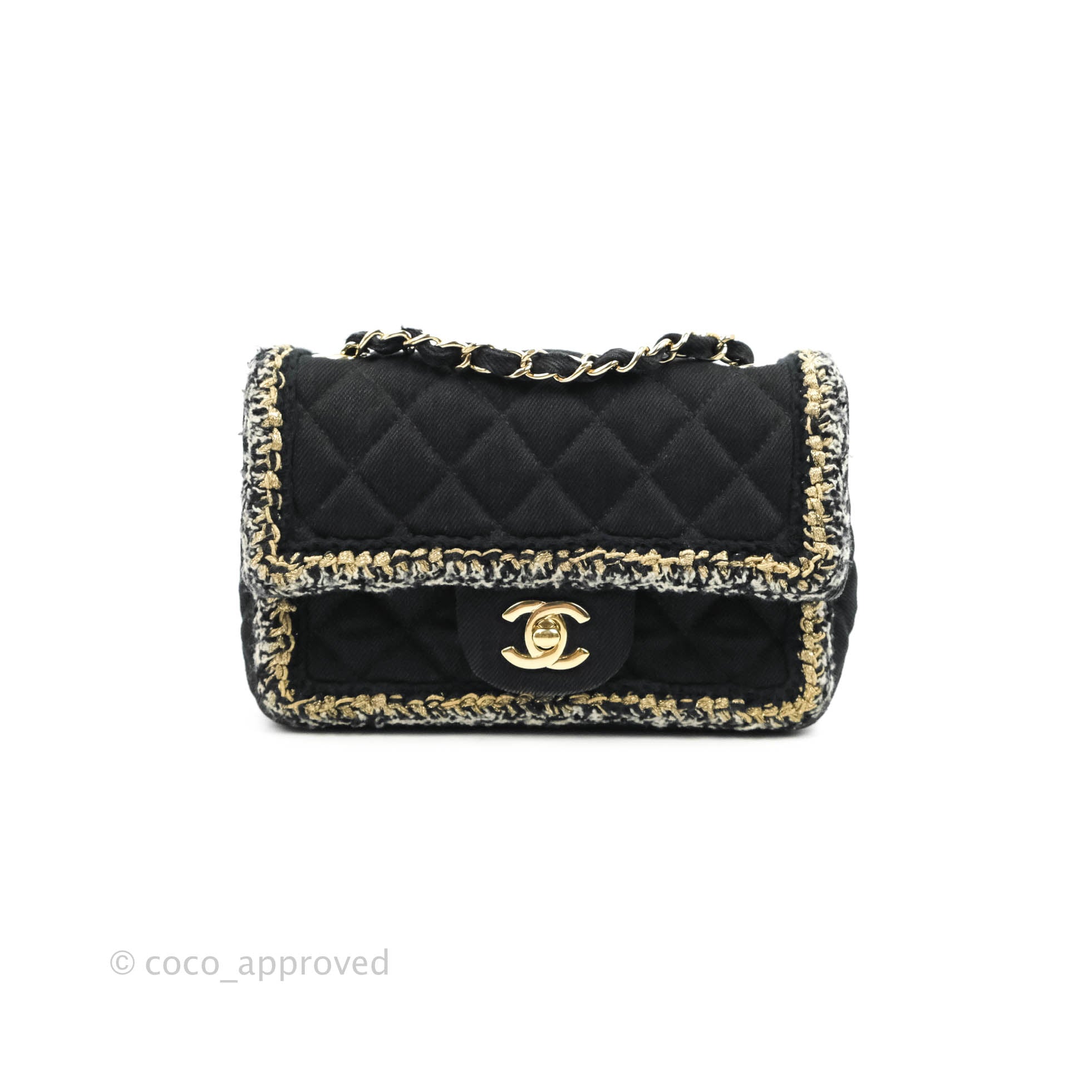 Chanel 22S Black Denim Flap Bag with Antique Gold Hardware. 