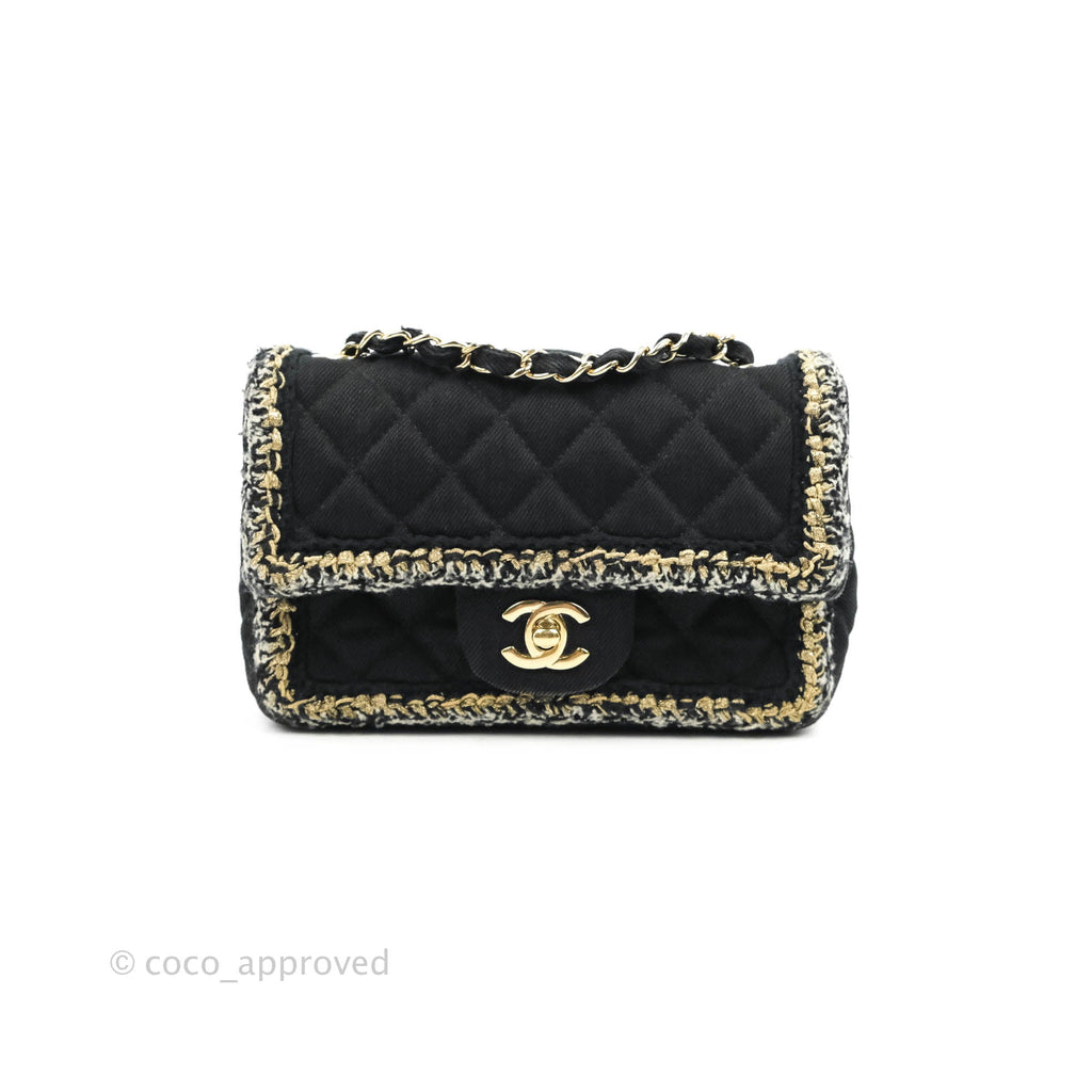 Chanel Classic Mini Rectangular Flap Bag Black Denim Braided Gold Hardware 18A