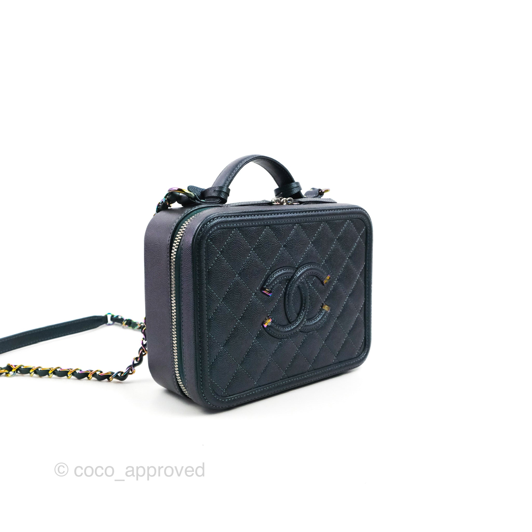 Chanel Iridescent Turquoise Filigree Vanity Case with Rainbow hardware