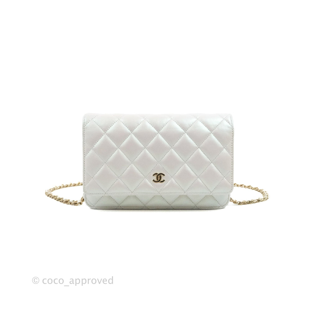 Chanel Quilted Classic Wallet on Chain WOC Iridescent White Lambskin Gold Hardware