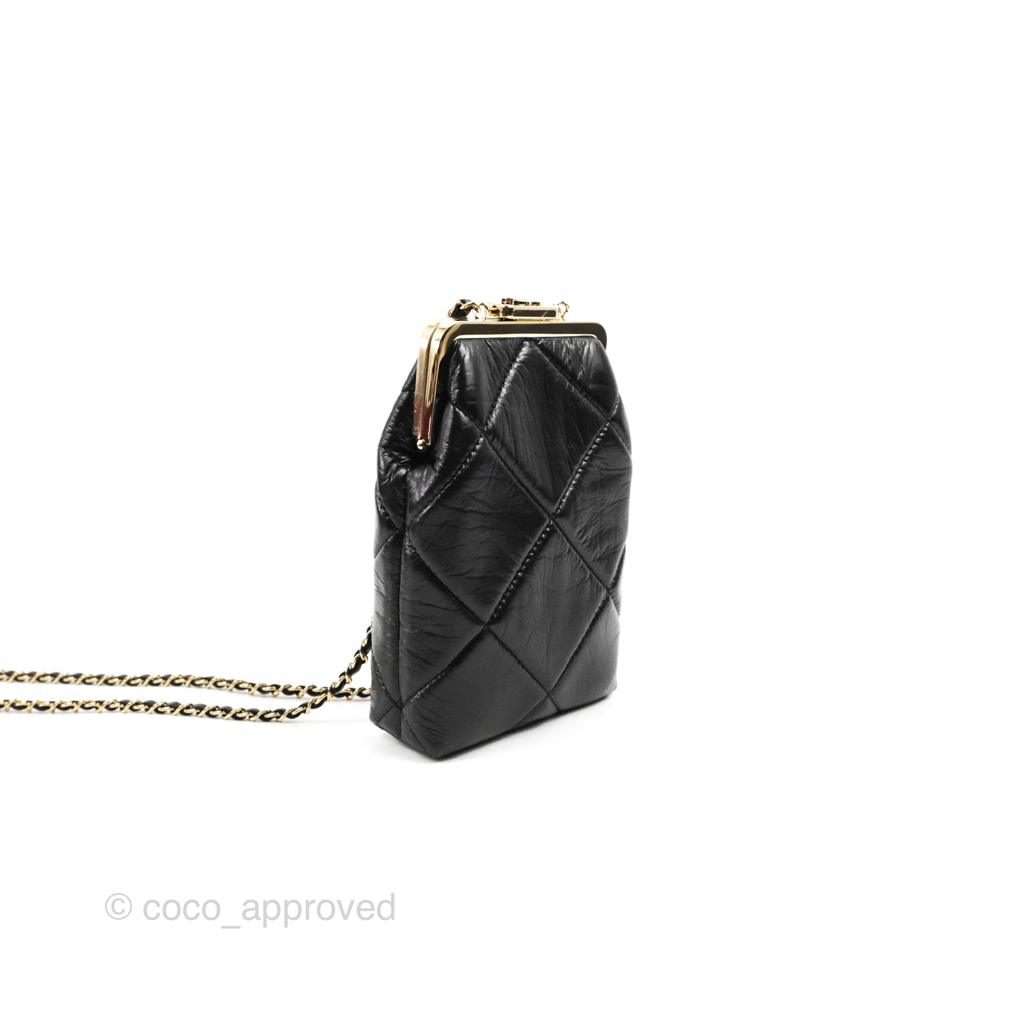 Sold at Auction: CHANEL BLACK LEATHER QUILTED KISS LOCK EVENING BAG