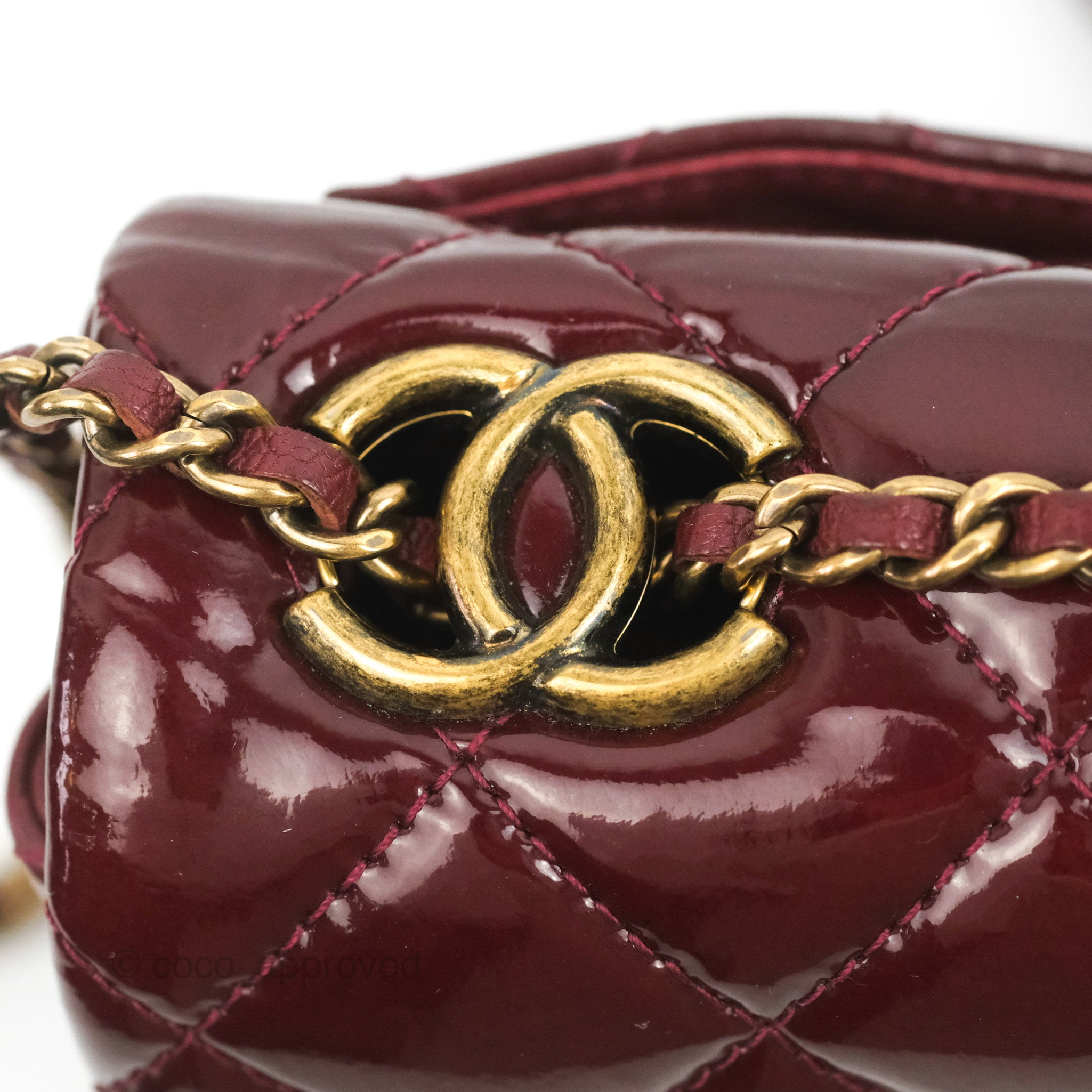 Chanel Quilted CC Eyelet Flap Burgundy Patent Goatskin Antique Gold Ha – Coco  Approved Studio