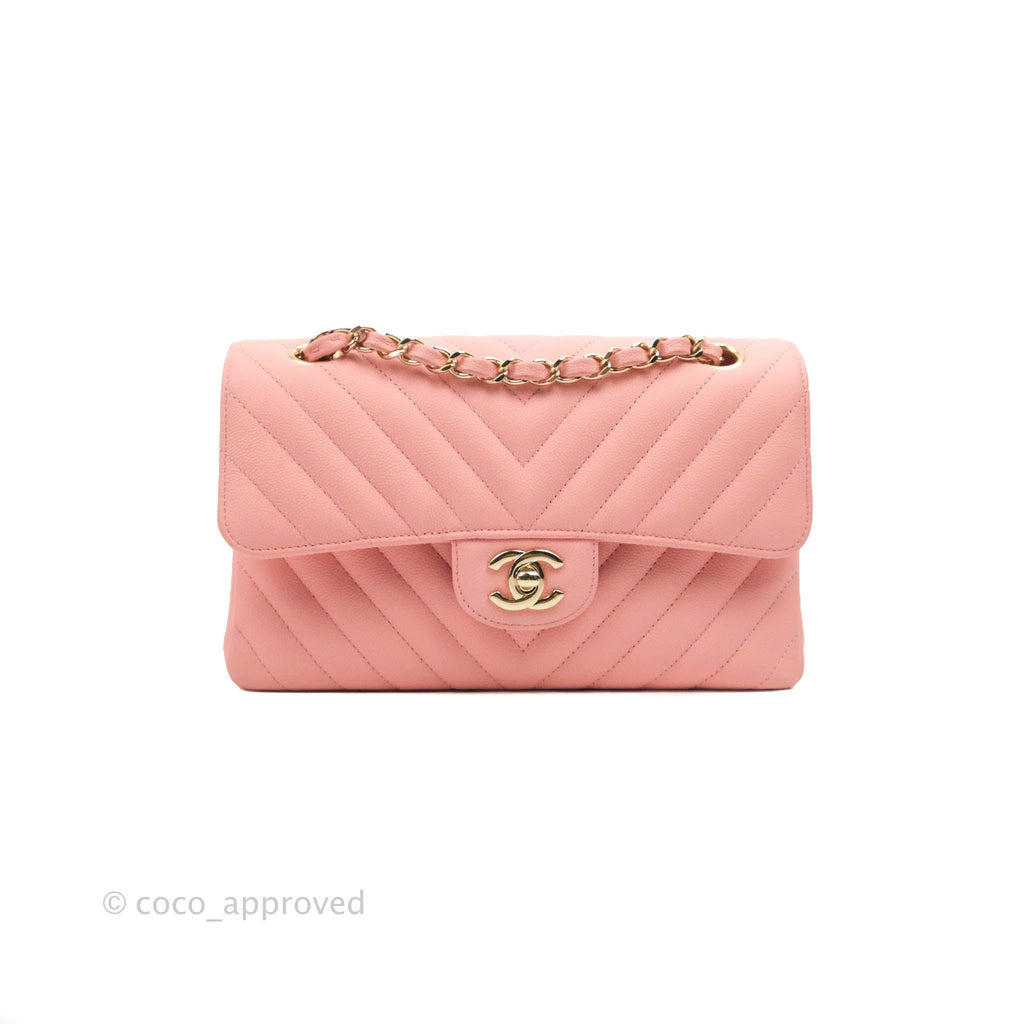 Chanel Classic Chevron S/M Small Double Flap Pink Caviar Gold Hardware