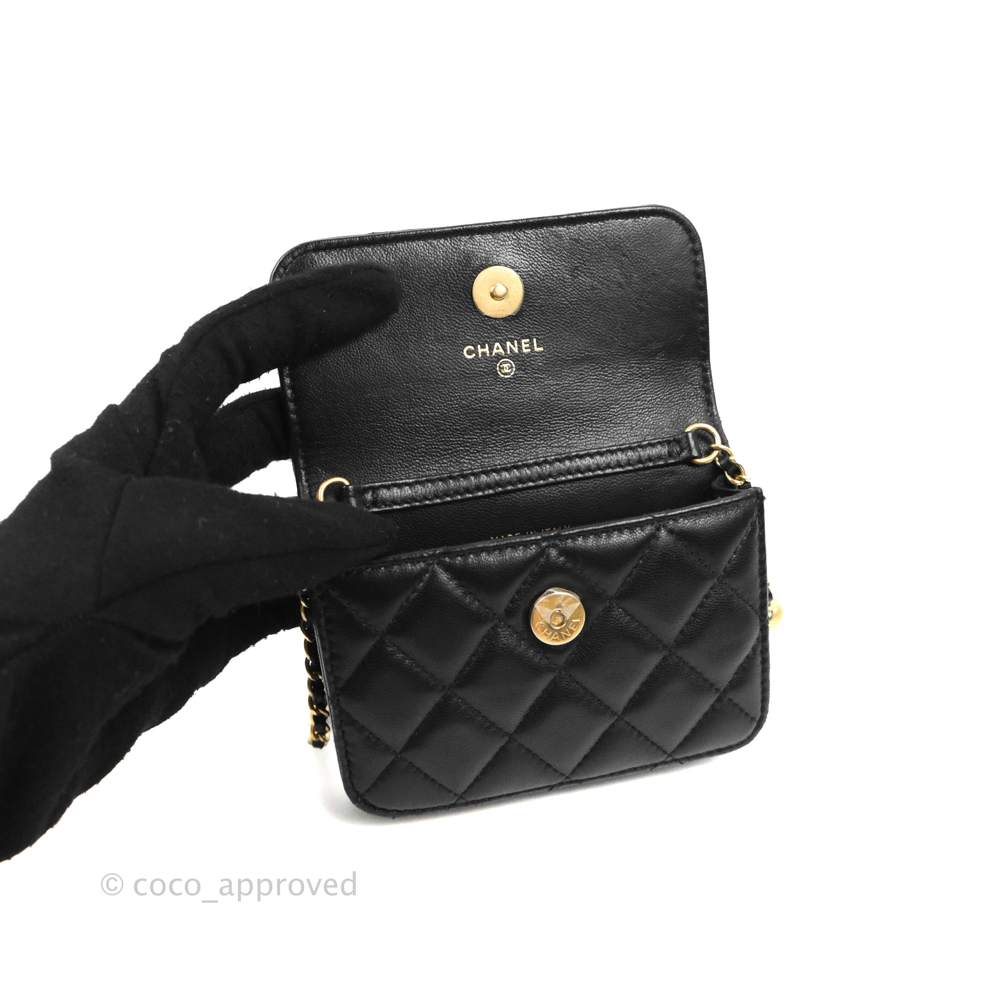 Chanel Mini Pearl Crush Clutch With Chain Belt Black Lambskin Aged Gol –  Coco Approved Studio