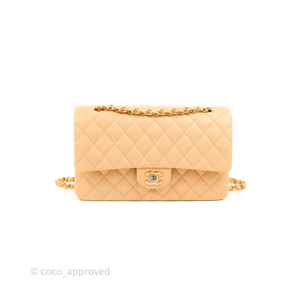 Chanel Classic M/L Medium Flap Quilted Beige Lambskin Gold Hardware