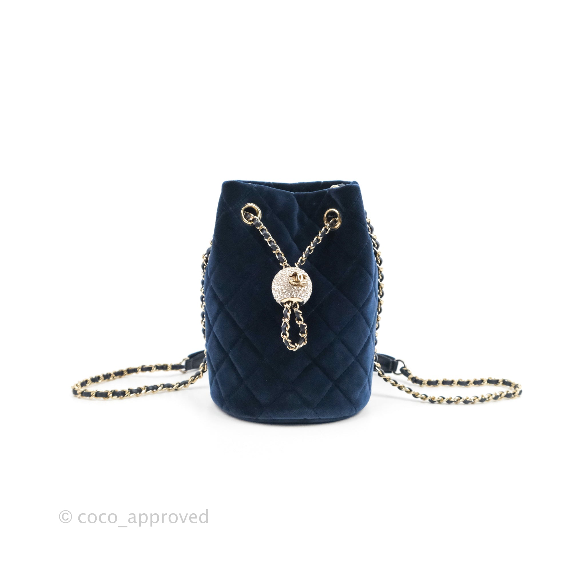 Chanel Quilted Crystal Pearl Crush Drawstring Bucket Bag Navy