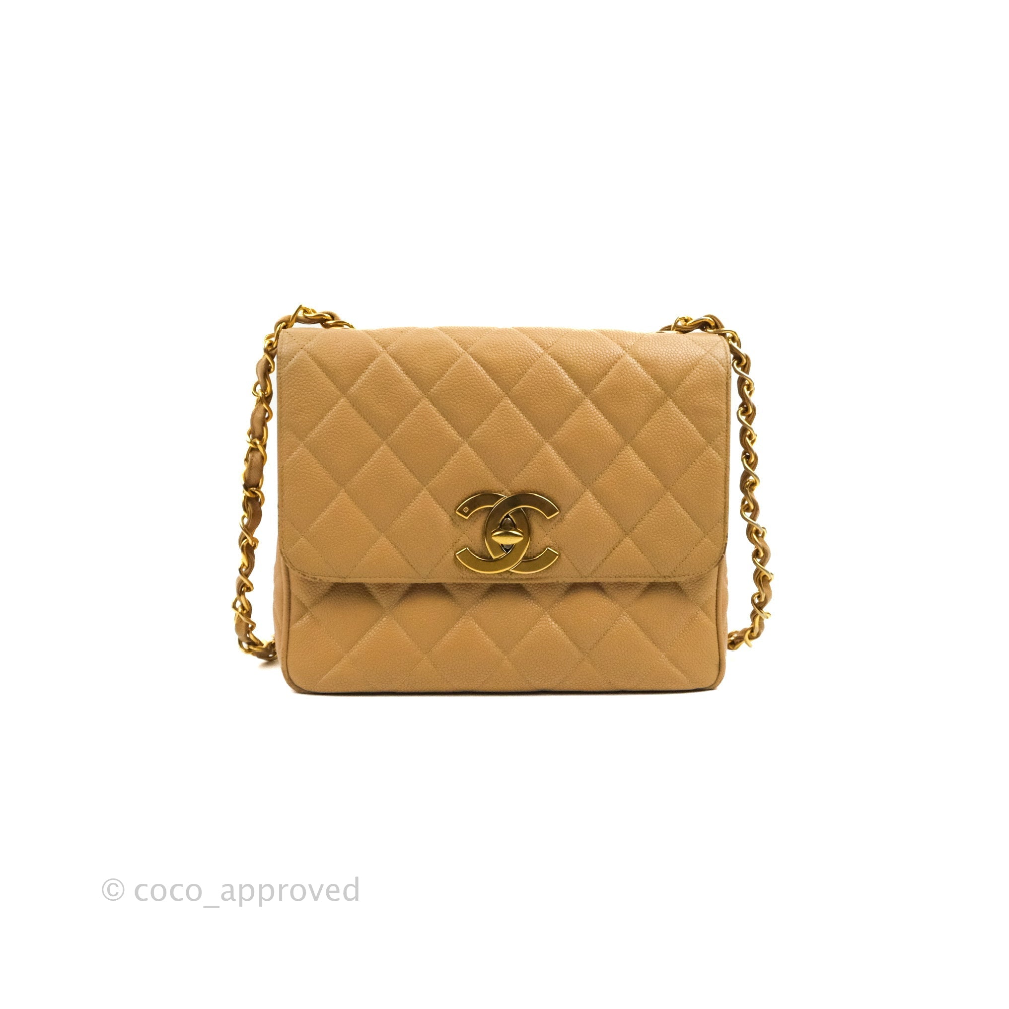 Chanel Vintage CC Large Square Flap Bag Beige Caviar 24K Gold Hardware