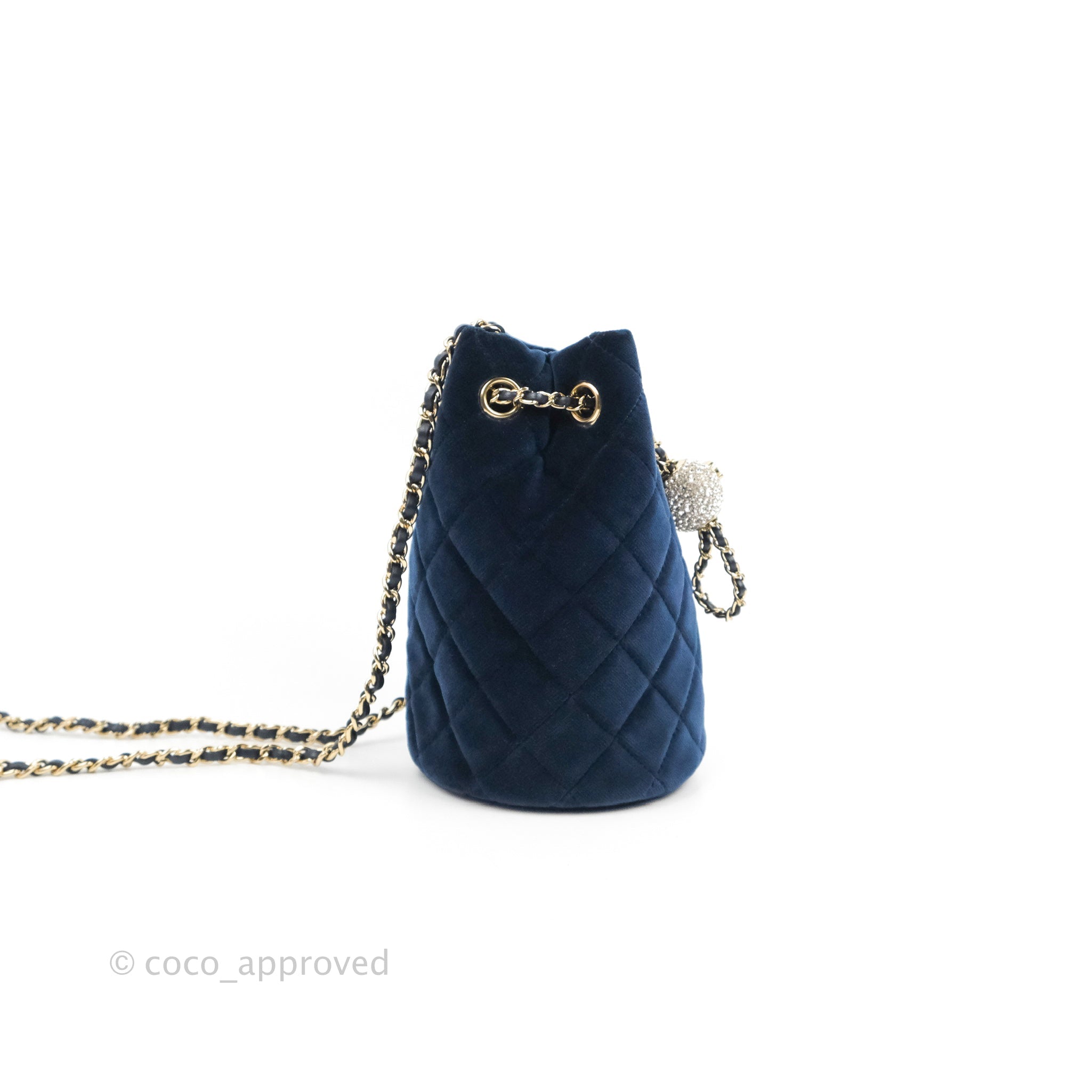 Chanel Crystal Pearl Crush Drawstring Bag Black Velvet Light Gold Hardware