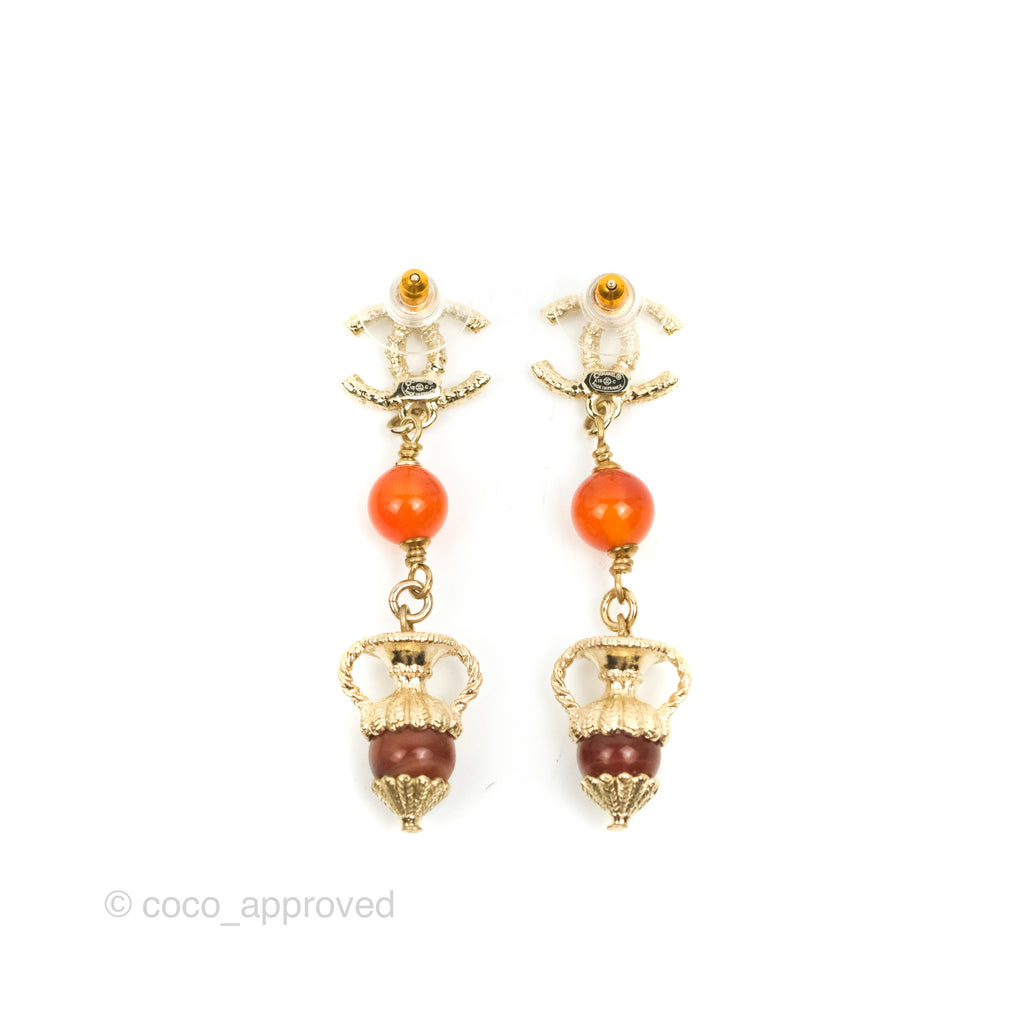 Chanel CC Orange Resin Long Drop Earrings Gold Tone 18C