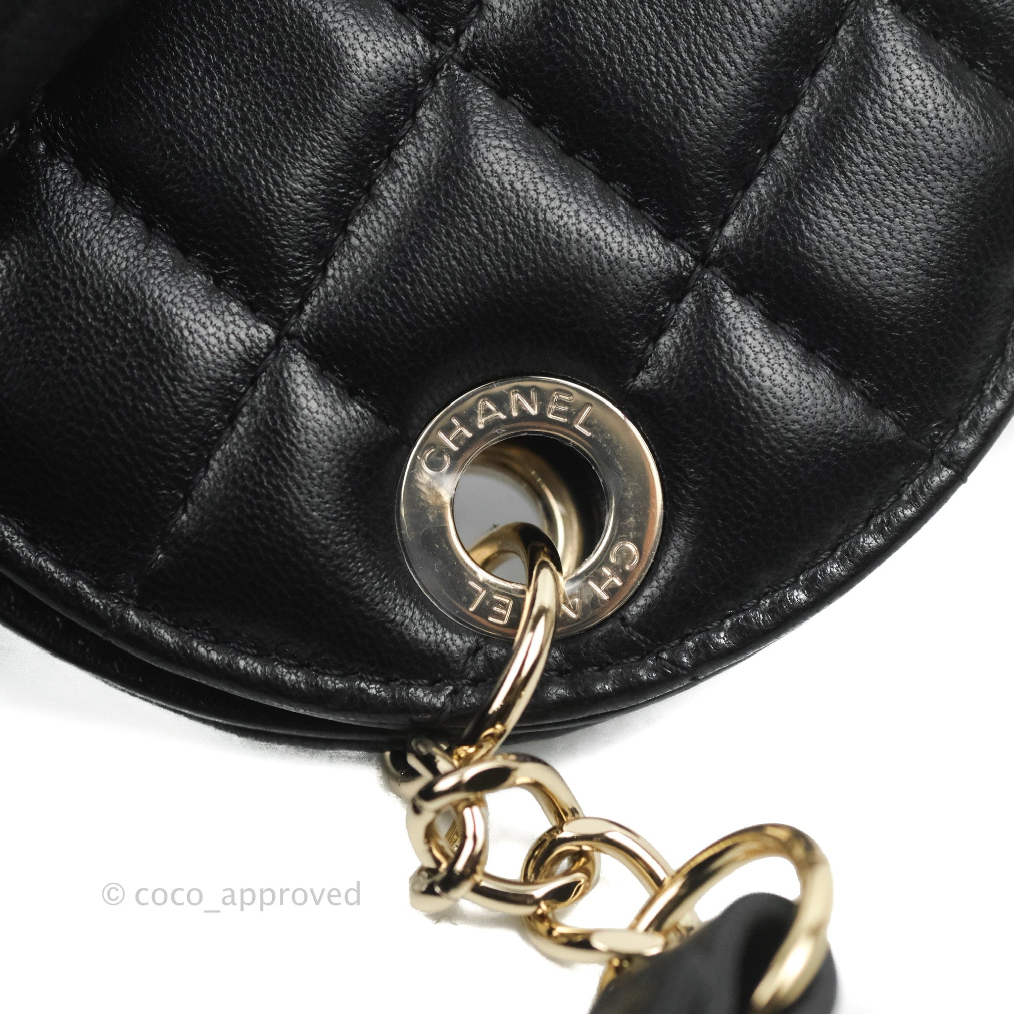 Chanel Quilted Round Luggage Tag Black Lambskin Gold Hardware – Coco  Approved Studio