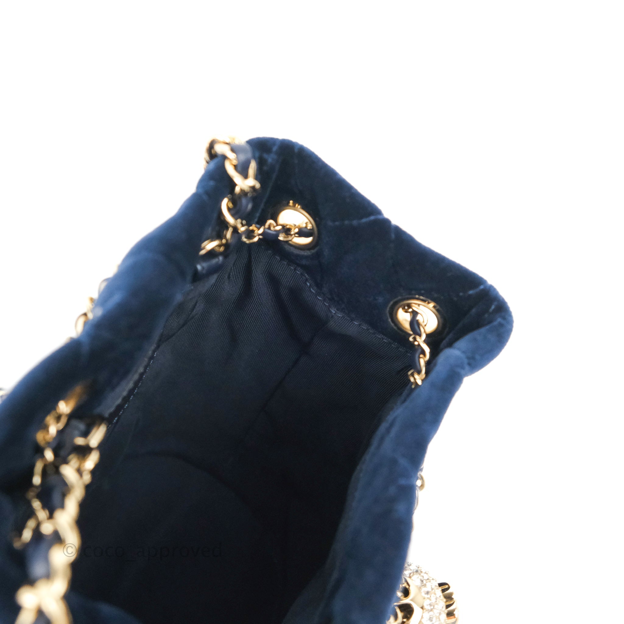 Chanel Quilted Crystal Pearl Crush Drawstring Bucket Bag Navy Velvet G –  Coco Approved Studio
