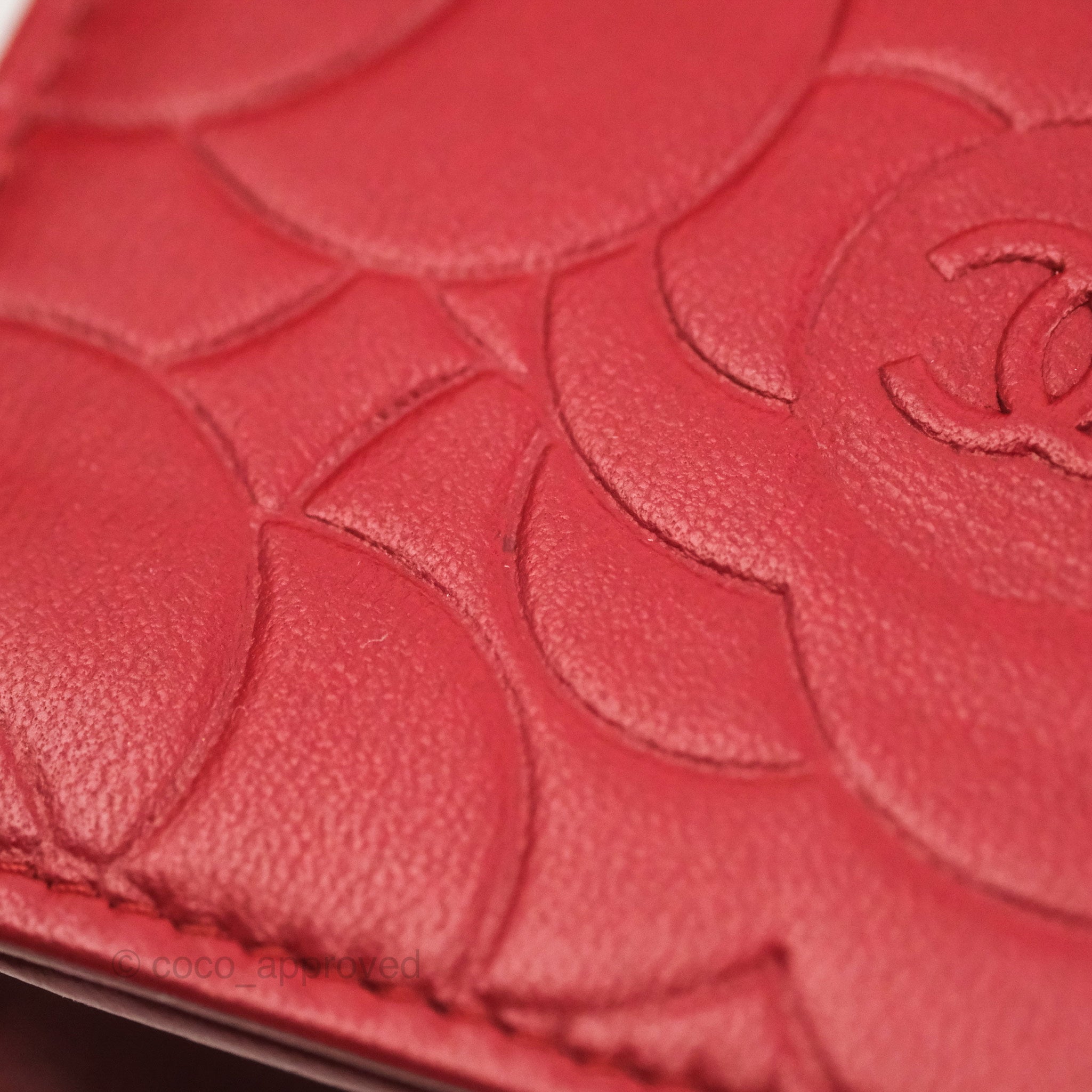 Chanel Camellia Embossed Wallet On Chain WOC Red Lambskin Silver