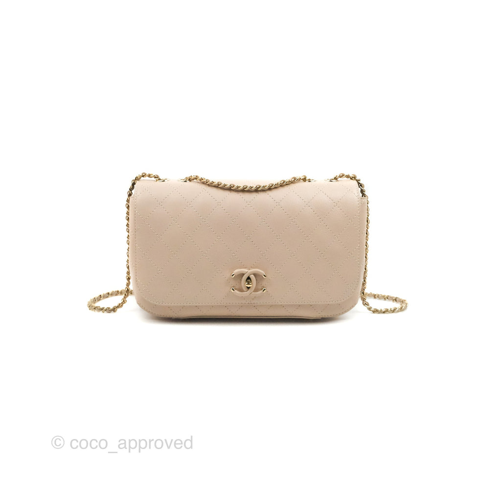 Chanel Flat Quilted Flap Bag Light Beige Calfskin Gold Hardware