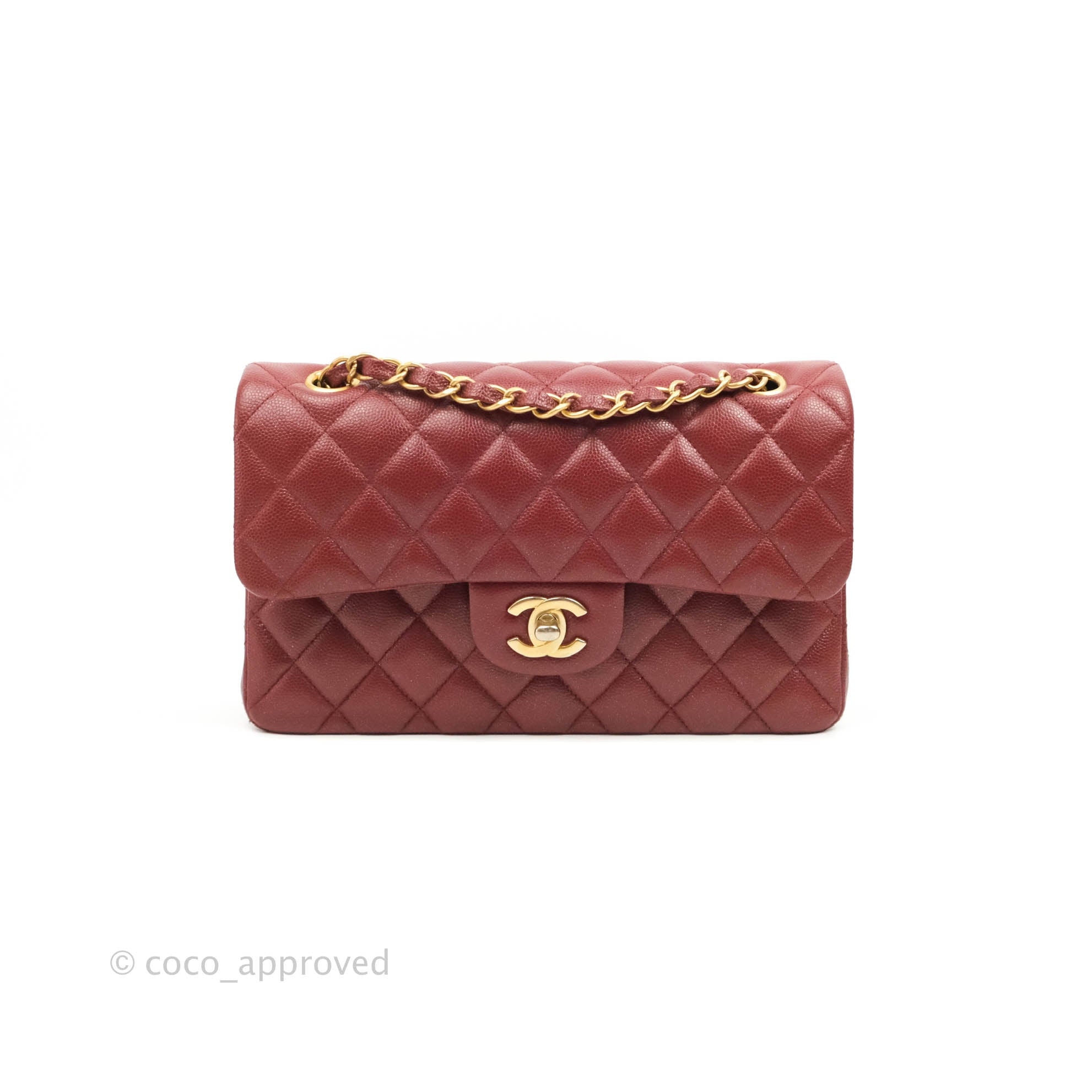 Chanel Small Classic Quilted Flap Iridescent Burgundy Caviar Aged Gold  Hardware 18C