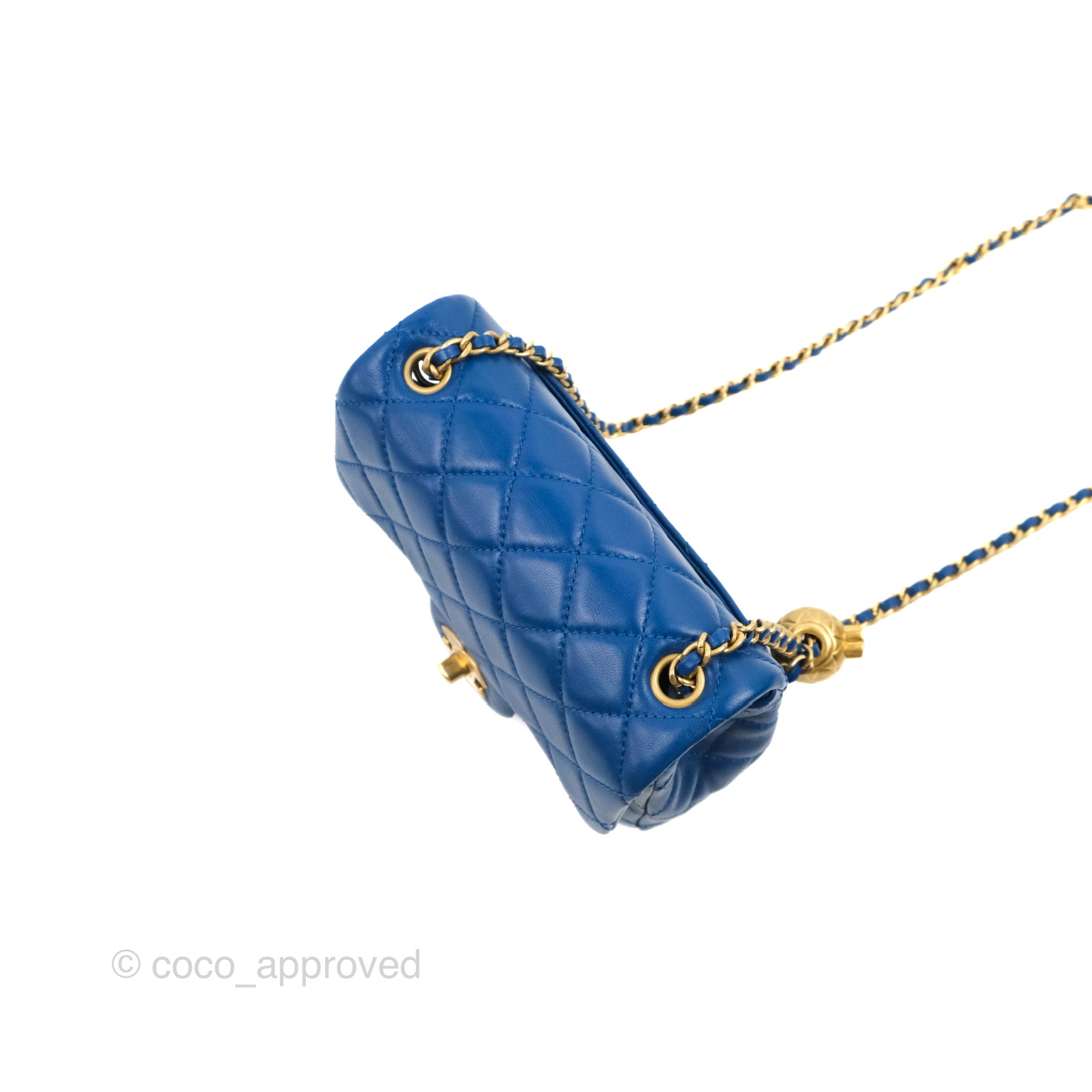 Chanel Mini Square Pearl Crush Quilted Blue Lambskin Aged Gold