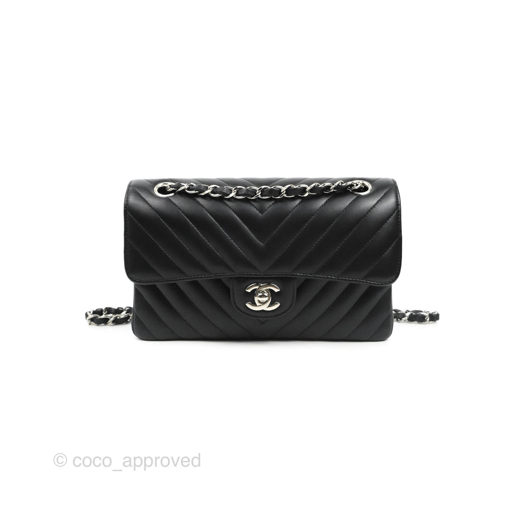 Chanel Small Classic Flap Chevron Black Lambskin Silver Hardware 21C