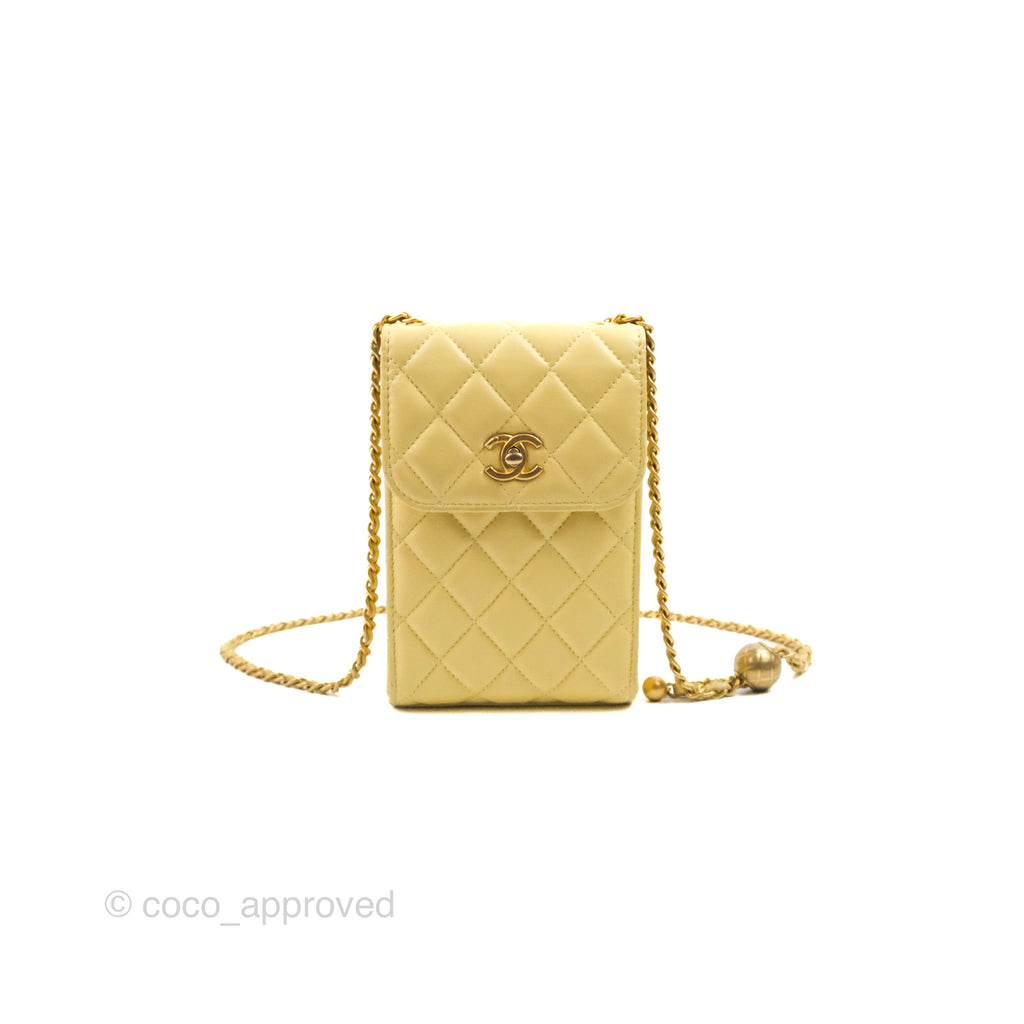 Chanel Quilted Pearl Crush Phone Holder With Chain Yellow Lambskin