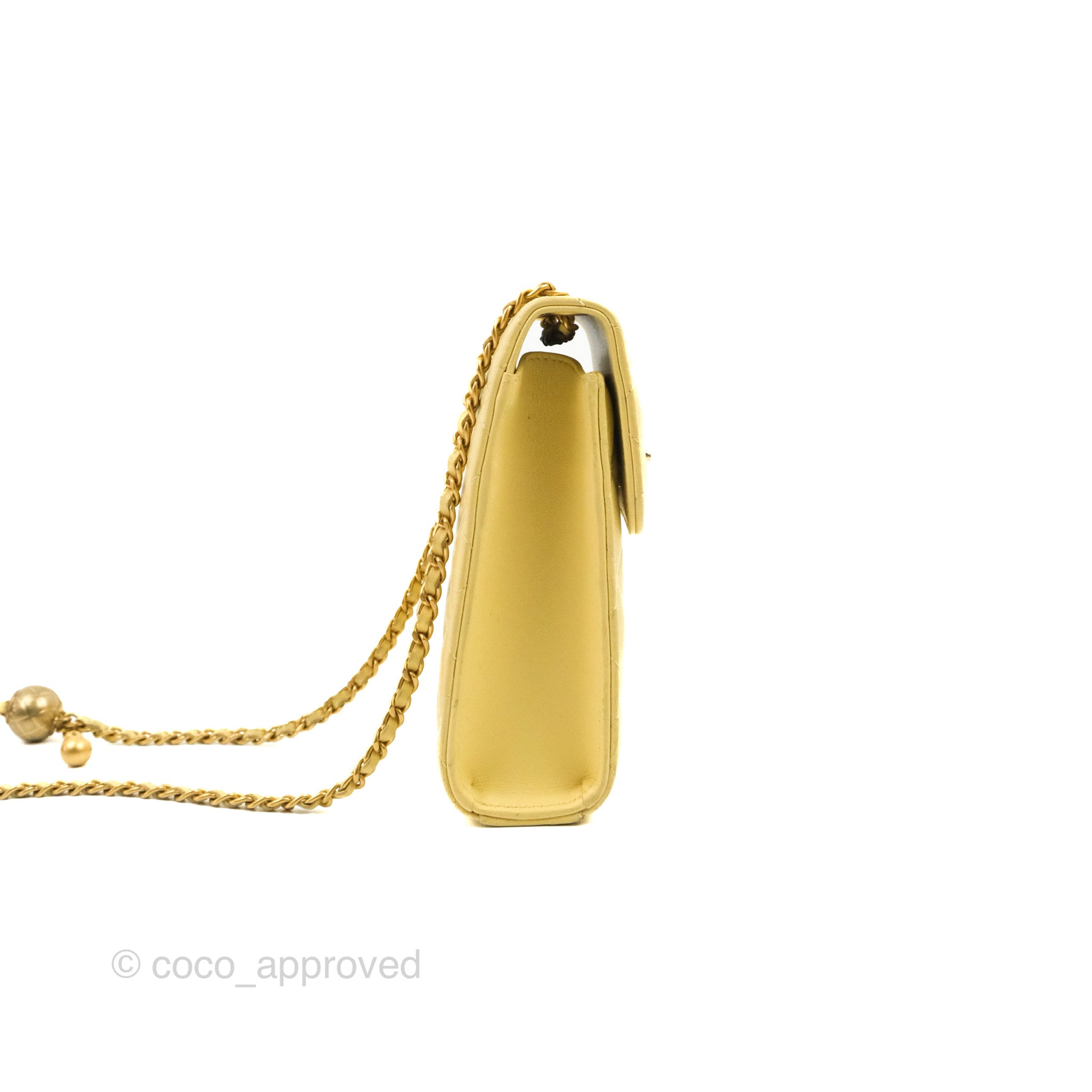 Chanel Quilted Pearl Crush Phone Holder With Chain Yellow Lambskin