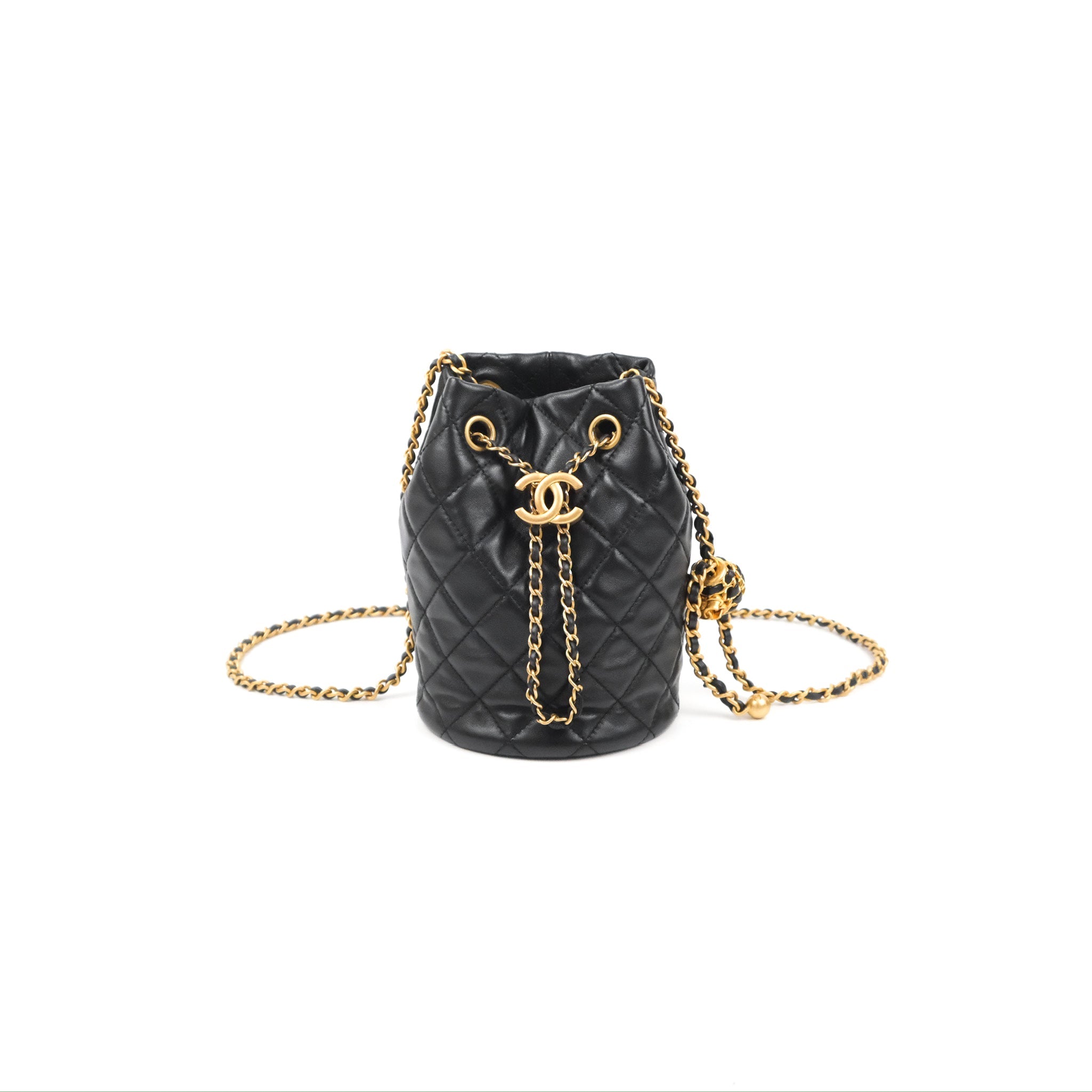 Chanel Pearl Crush Bucket Bag Black Lambskin Aged Gold Hardware 22S