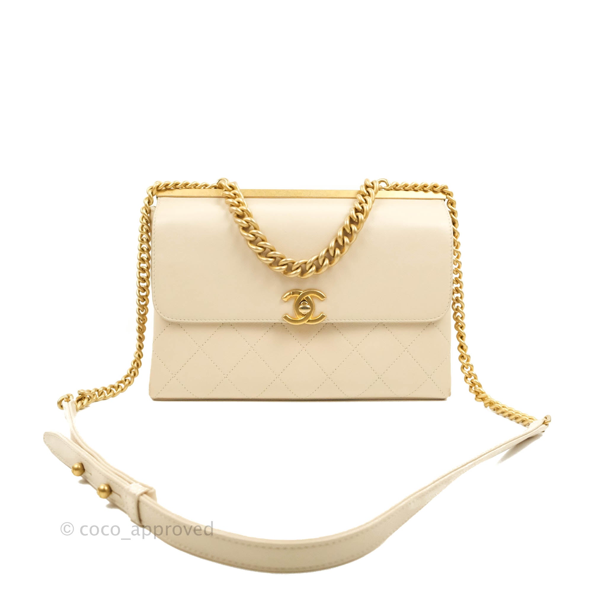 Chanel Small Flat Quilted Coco Luxe Flap Bag Light Beige Aged Gold Hardware