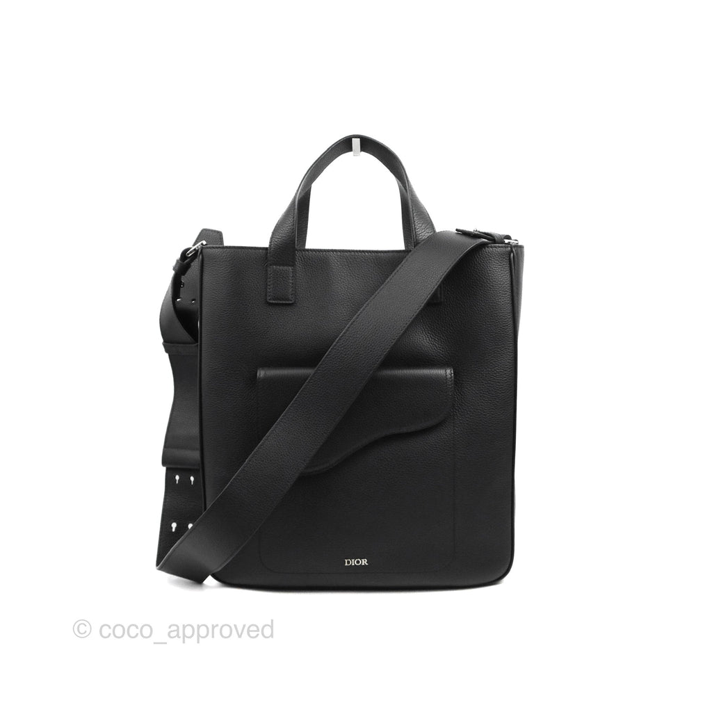 Dior Men's Saddle Tote Bag with Shoulder Strap Black Grained Leather
