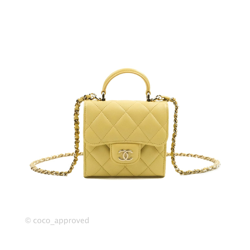 Chanel Mini Handle Clutch With Chain Yellow Lambskin Gold Hardware