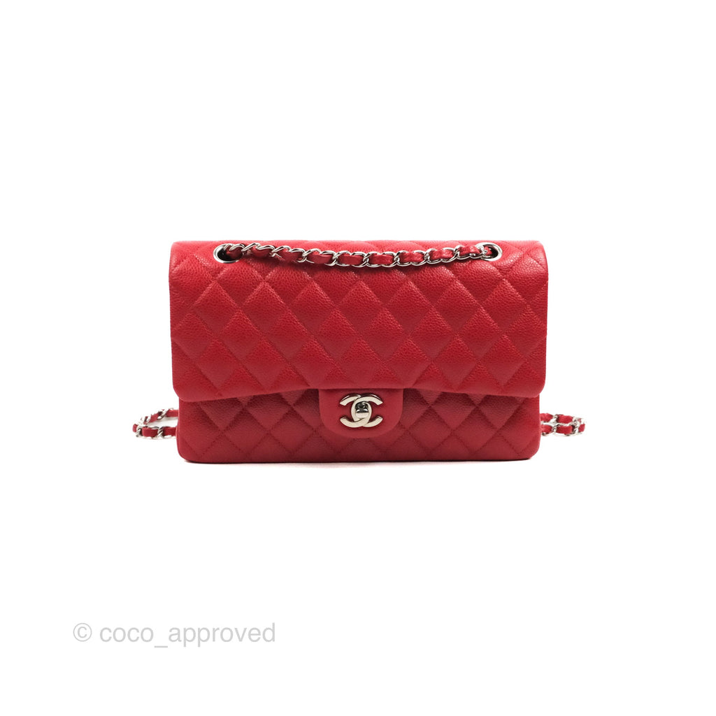 Chanel Classic M/L Medium Flap Quilted Red Caviar Silver Hardware