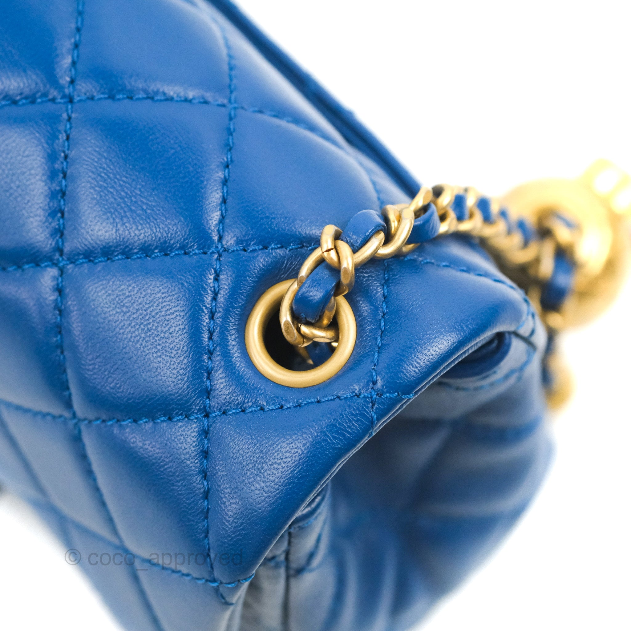 Chanel Mini Square Pearl Crush Quilted Blue Lambskin Aged Gold