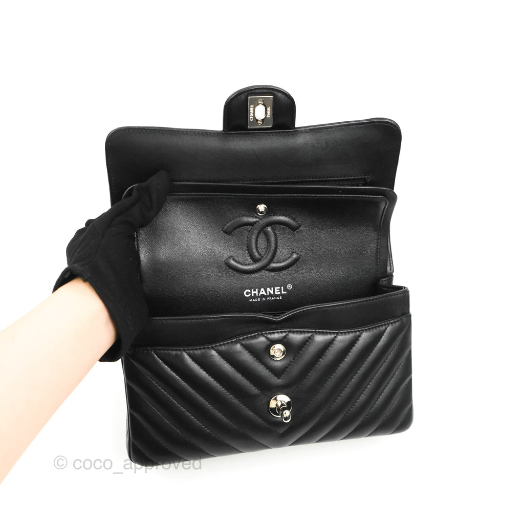 Chanel Small Classic Flap Chevron Black Lambskin Silver Hardware