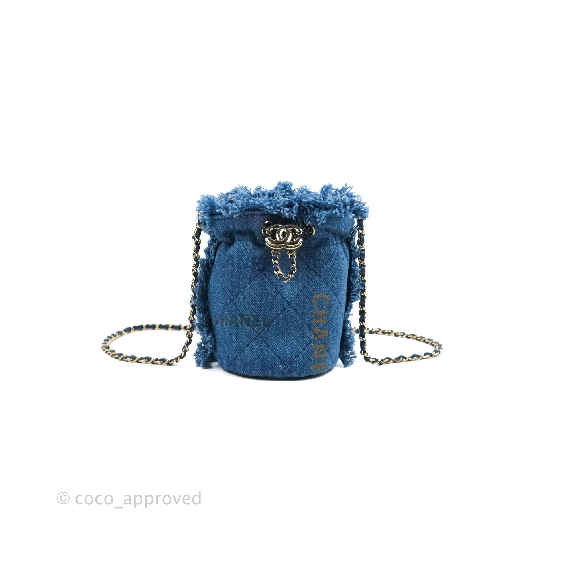 Chanel Denim Mood Chain Bucket Bag Logo Printed Quilted Fringe Denim Mini  Blue 1699041