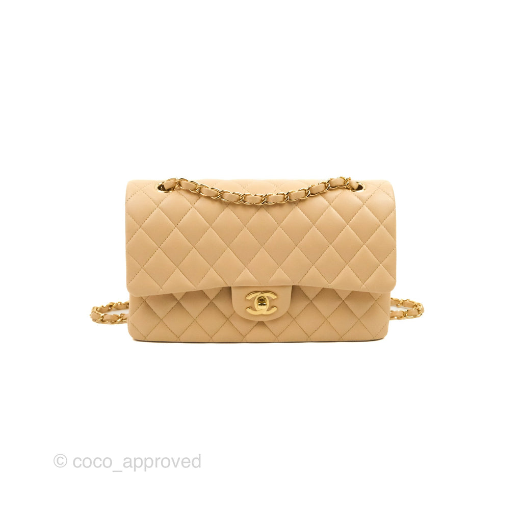 Chanel Classic M/L Medium Flap Quilted Beige Lambskin Gold Hardware