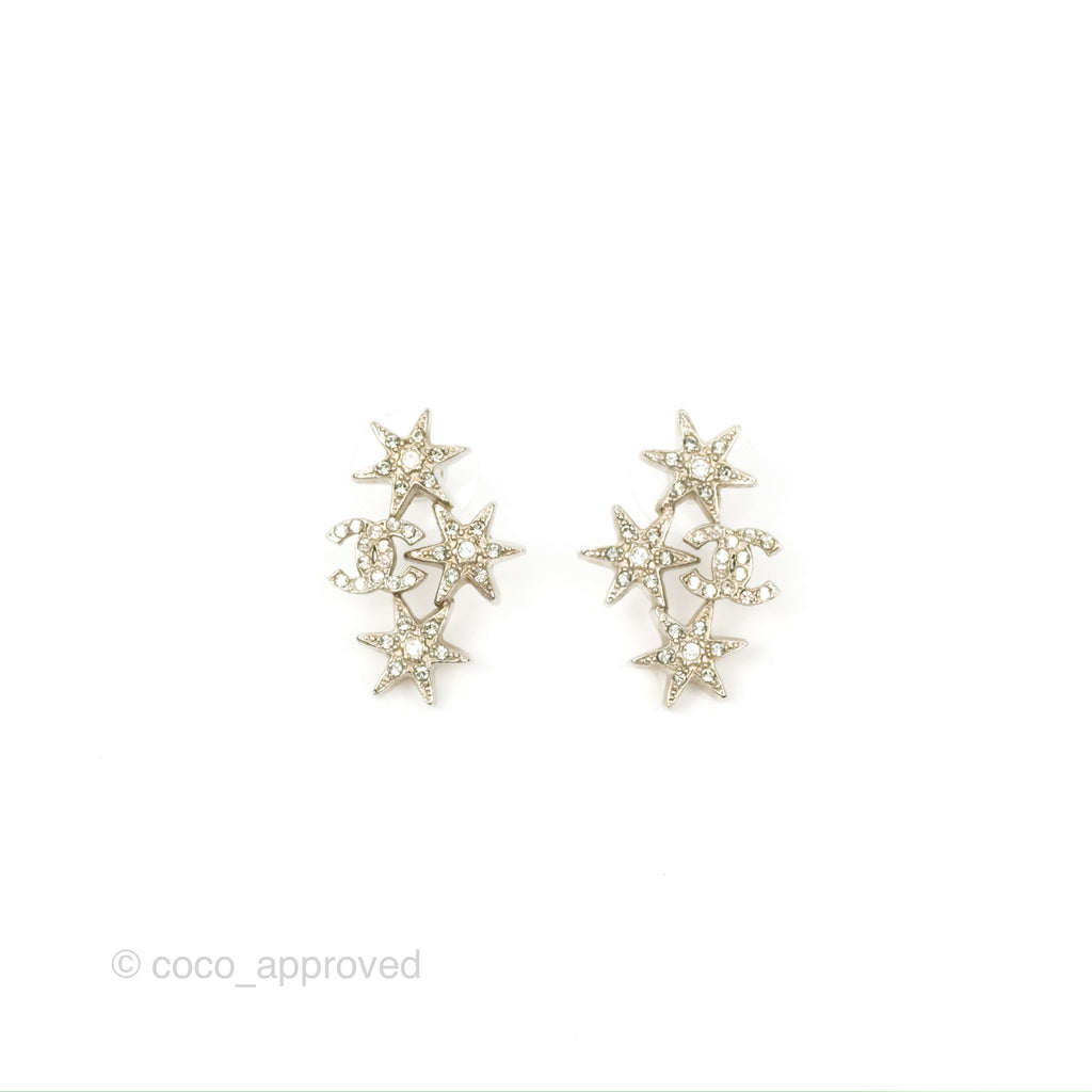 Chanel CC Star Crystal Earrings Silver Tone 15A