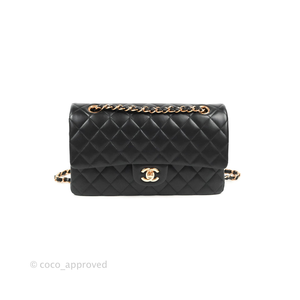 Chanel Classic M/L Medium Flap Black Lambskin Rose Pink-Gold Hardware