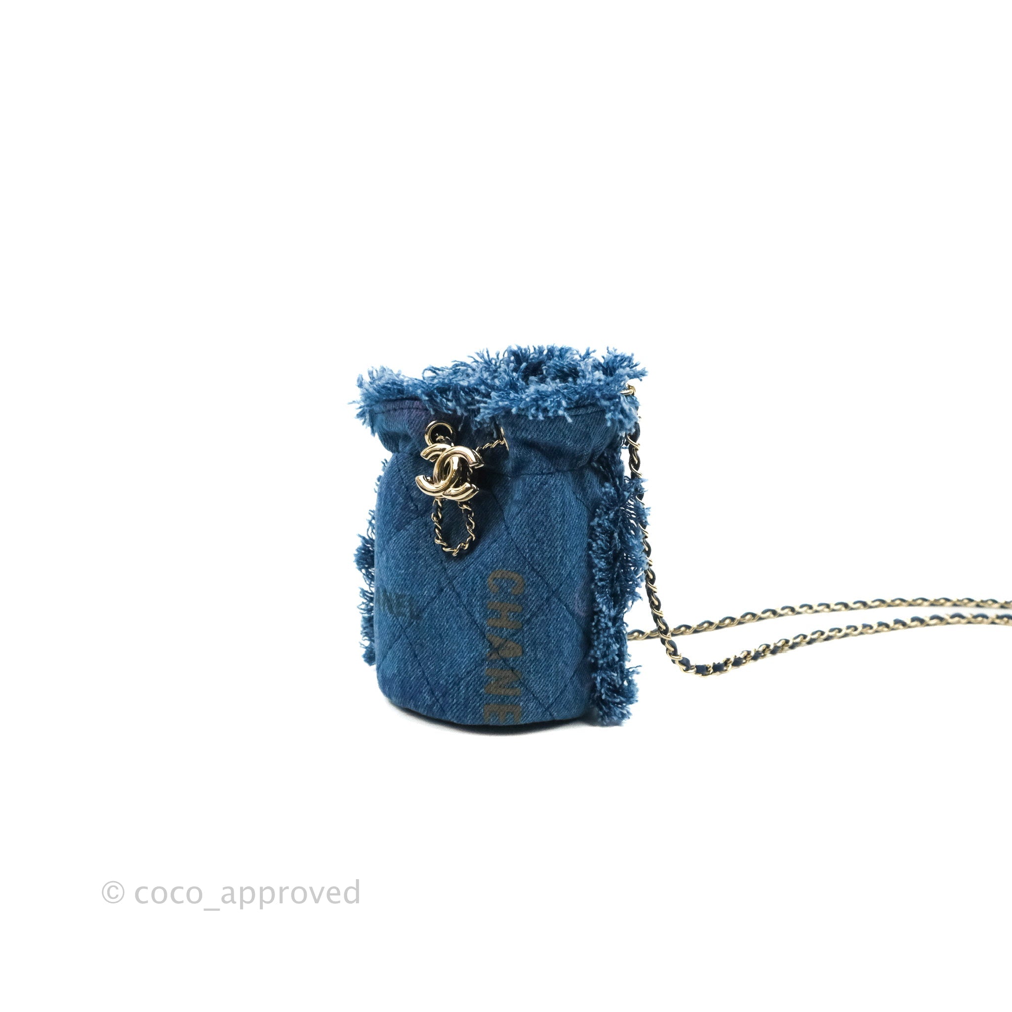 Chanel Mood Denim Mini Bucket Bag with Chain Blue Gold Hardware