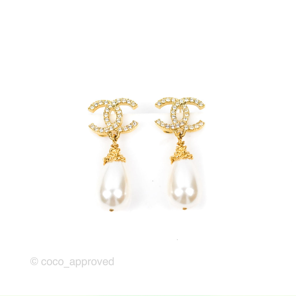 Chanel Crystal CC Drop Tear Pearl Earrings Gold Tone 20K