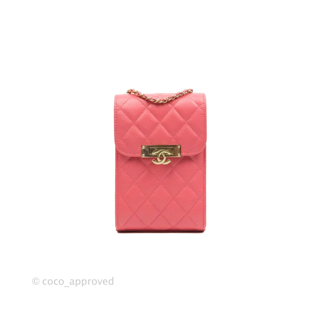 Chanel Phone Holder With Chain Pink Caviar Gold Hardware