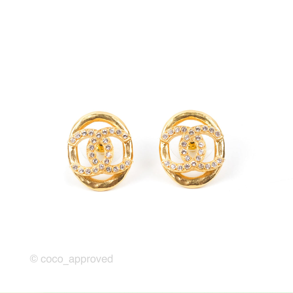 Chanel Oval CC Crystal Earrings Gold Tone 22A
