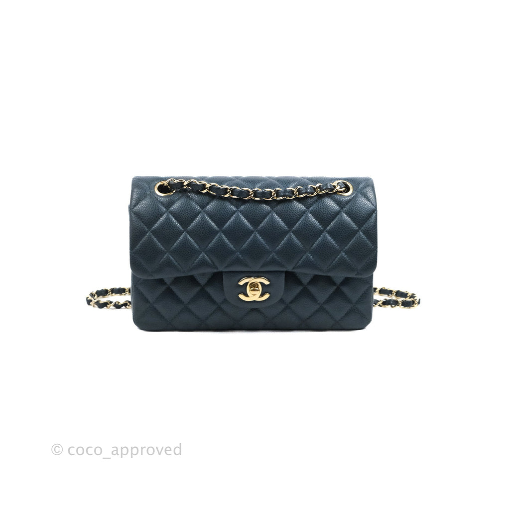 Chanel Small Classic Flap Quilted Iridescent Navy Caviar Gold Hardware 18S