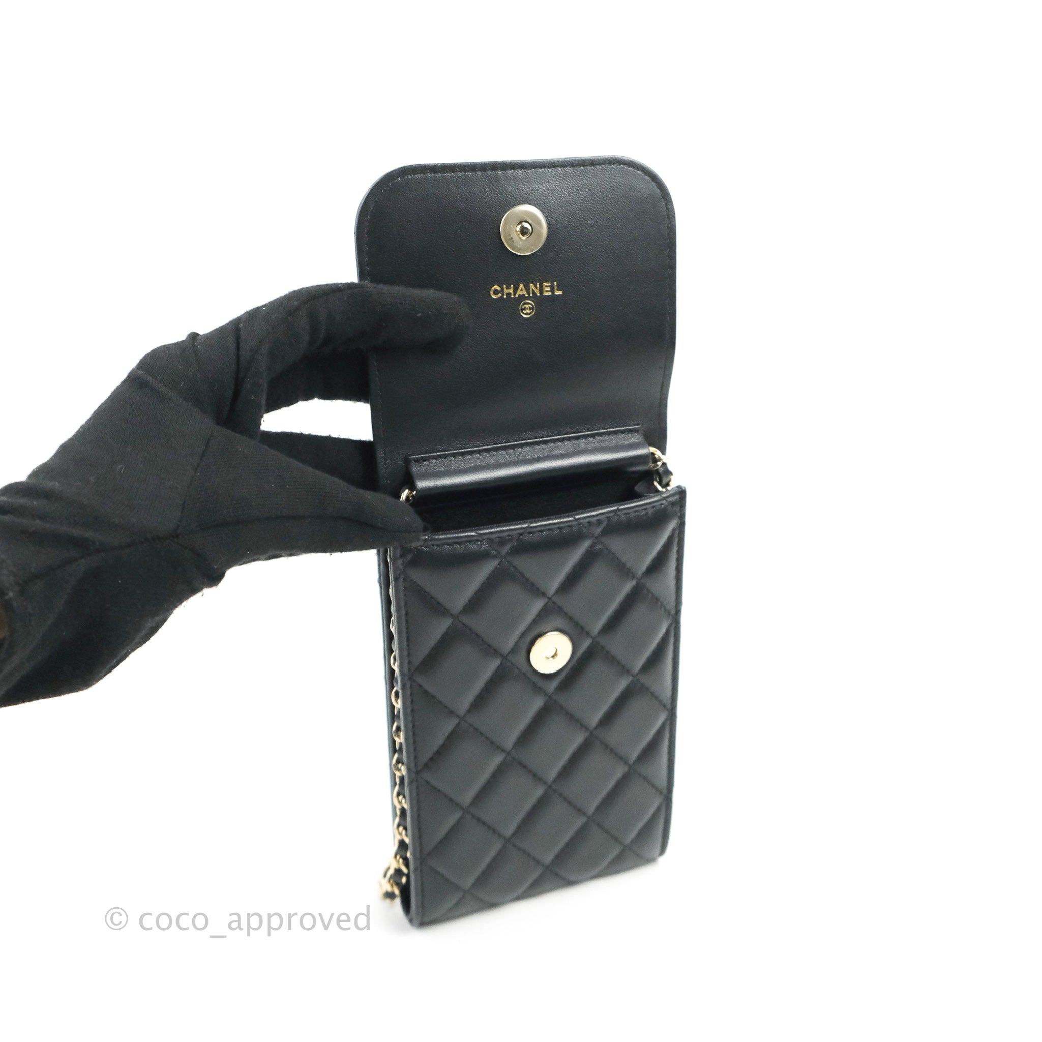 Chanel Phone Holder Black/White CC Black Lambskin Gold Hardware