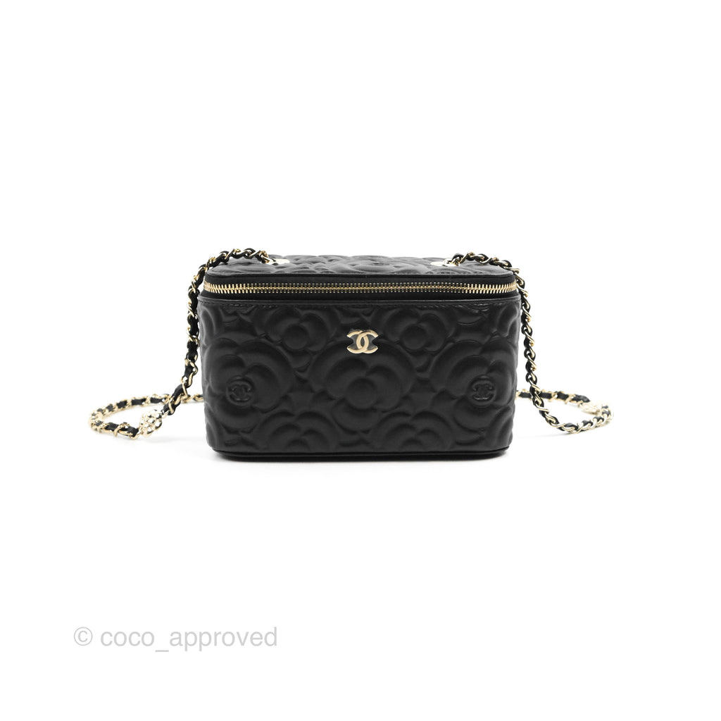 Chanel Vanity Rectangular Camellia Embossed Black Lambskin Gold Hardware