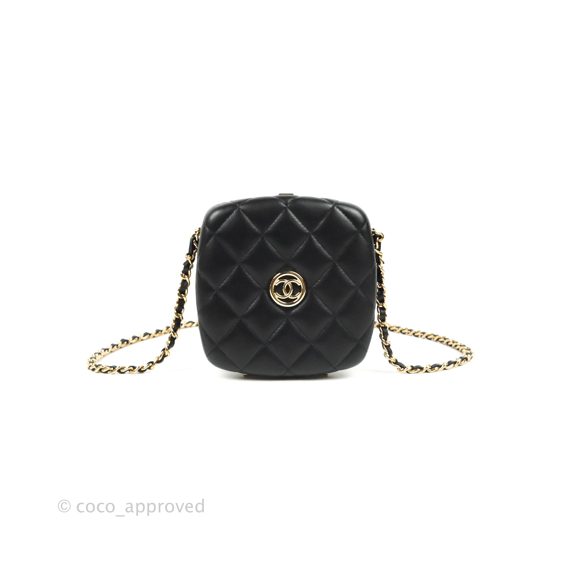 At Auction: Chanel black quilted lambskin front pocket handbag