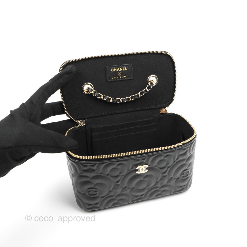 Chanel Vanity Rectangular Camellia Embossed Black Lambskin Gold Hardware