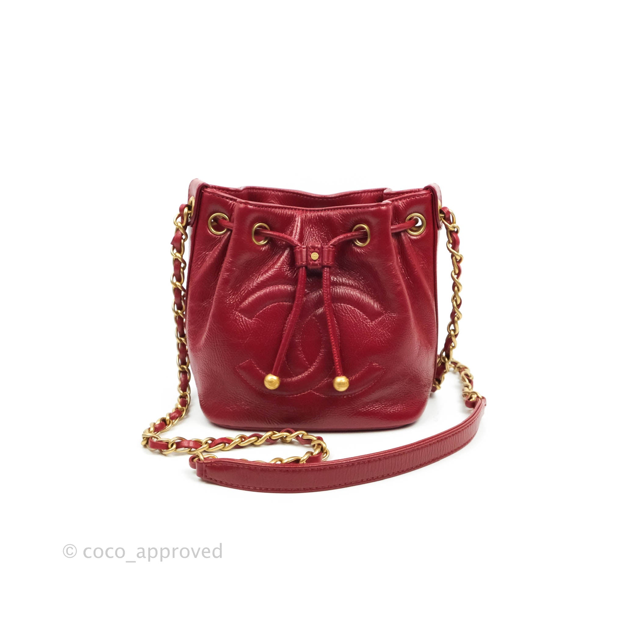 Chanel Shiny Aged Calfskin CC Chain Mini Drawstring Bag Red – Coco