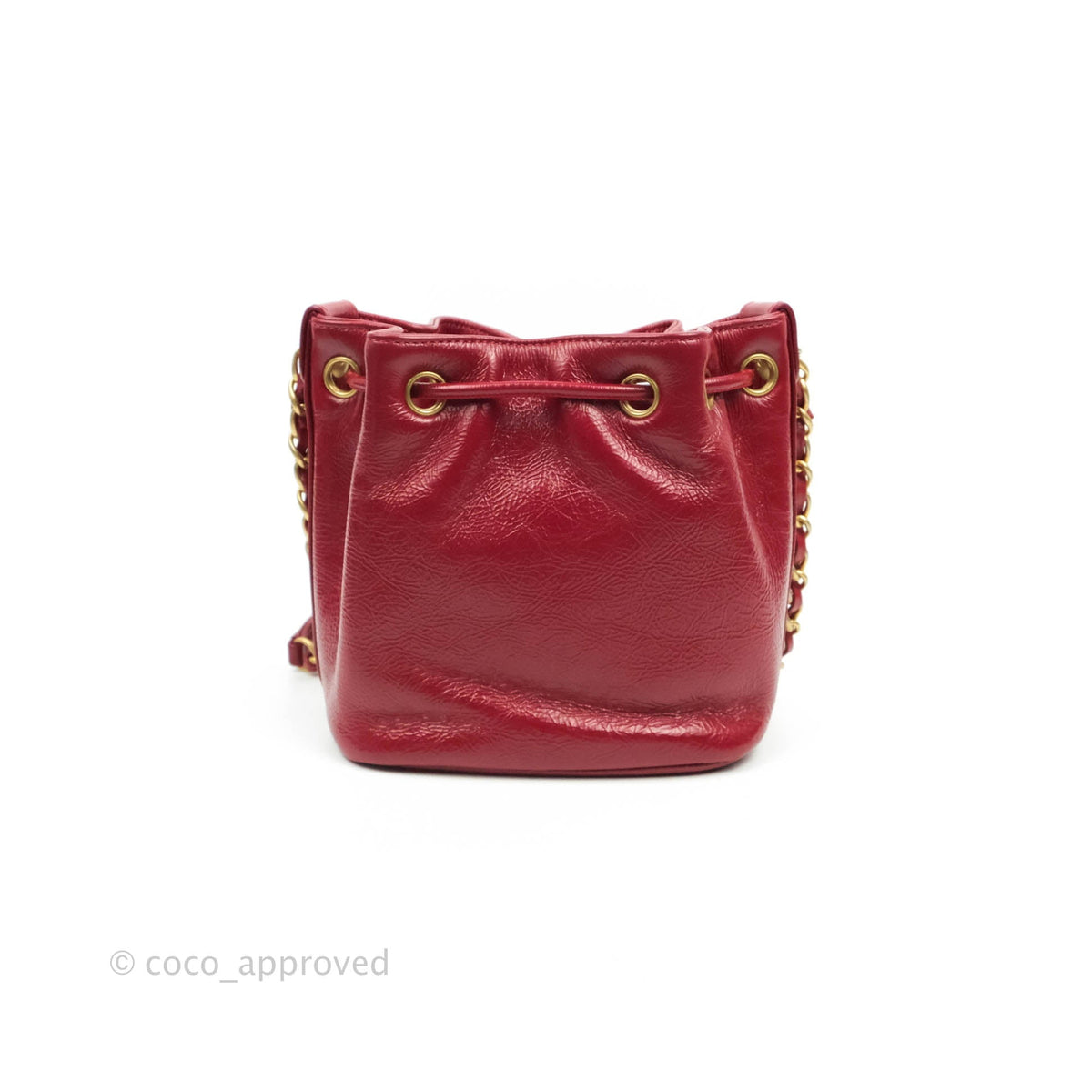 Chanel Shiny Aged Calfskin CC Chain Mini Drawstring Bag Red – Coco