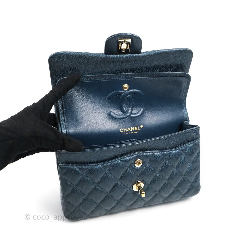 Chanel Small Classic Flap Quilted Iridescent Navy Caviar Gold Hardware