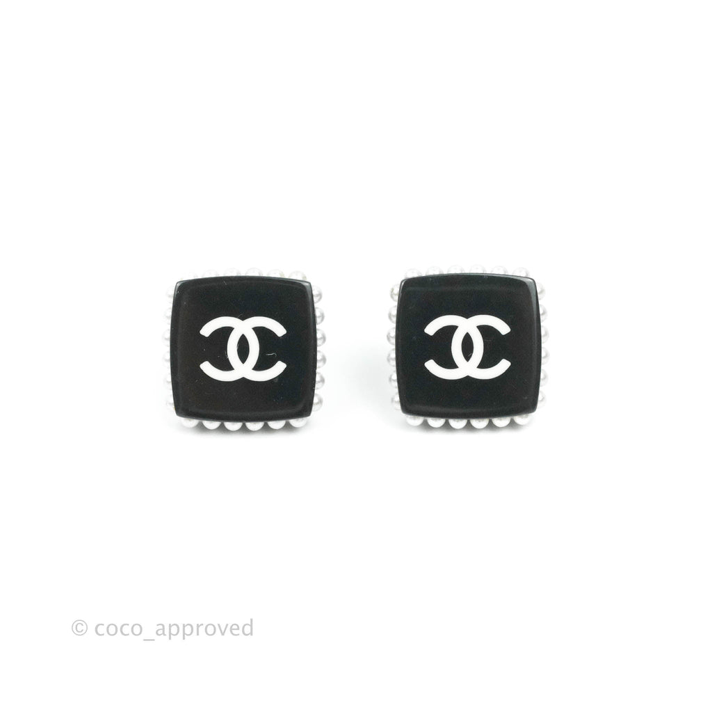 Chanel Resin Pearl Square CC Earrings Black 15P